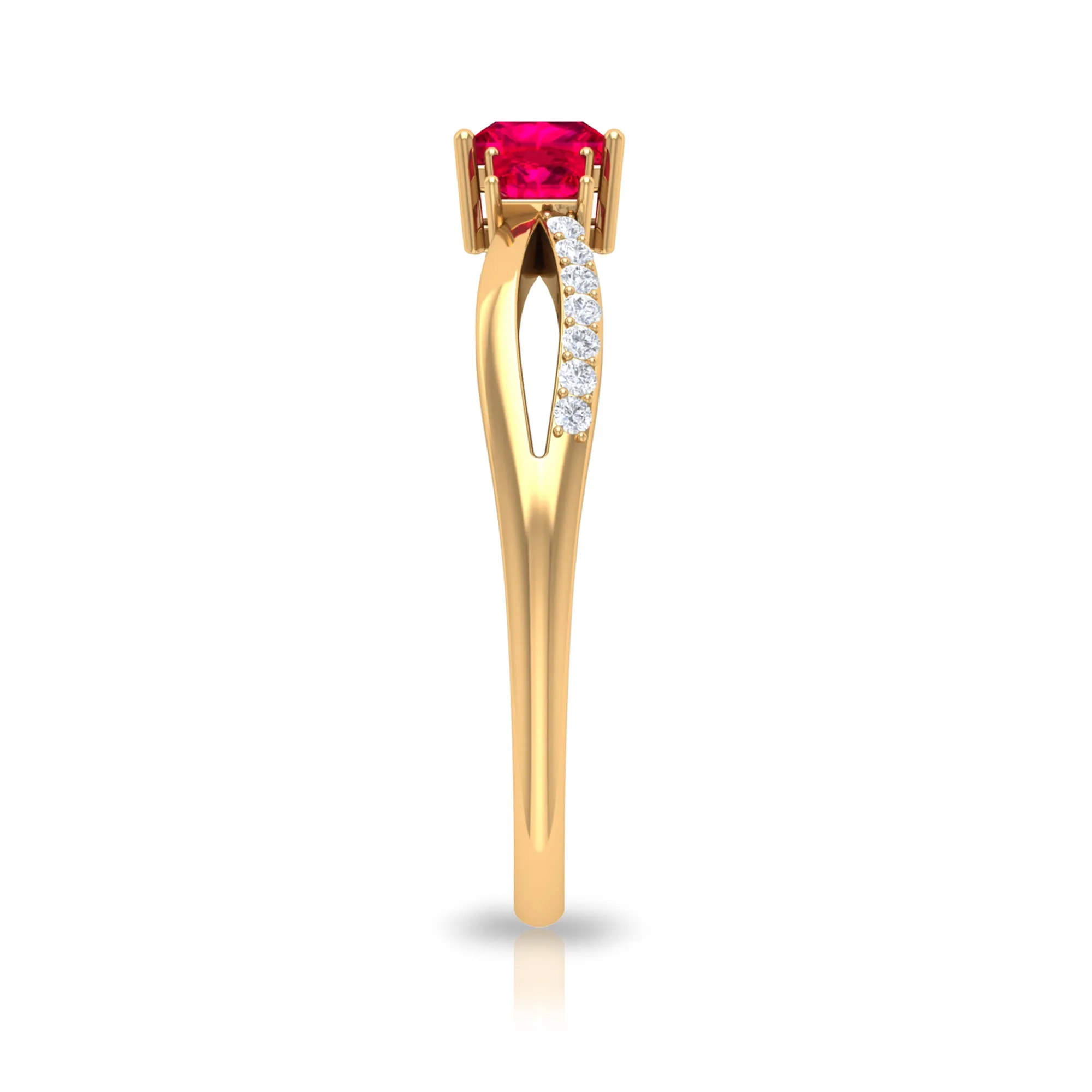 Princess Cut Three Stone Ruby Engagement Ring with Diamond