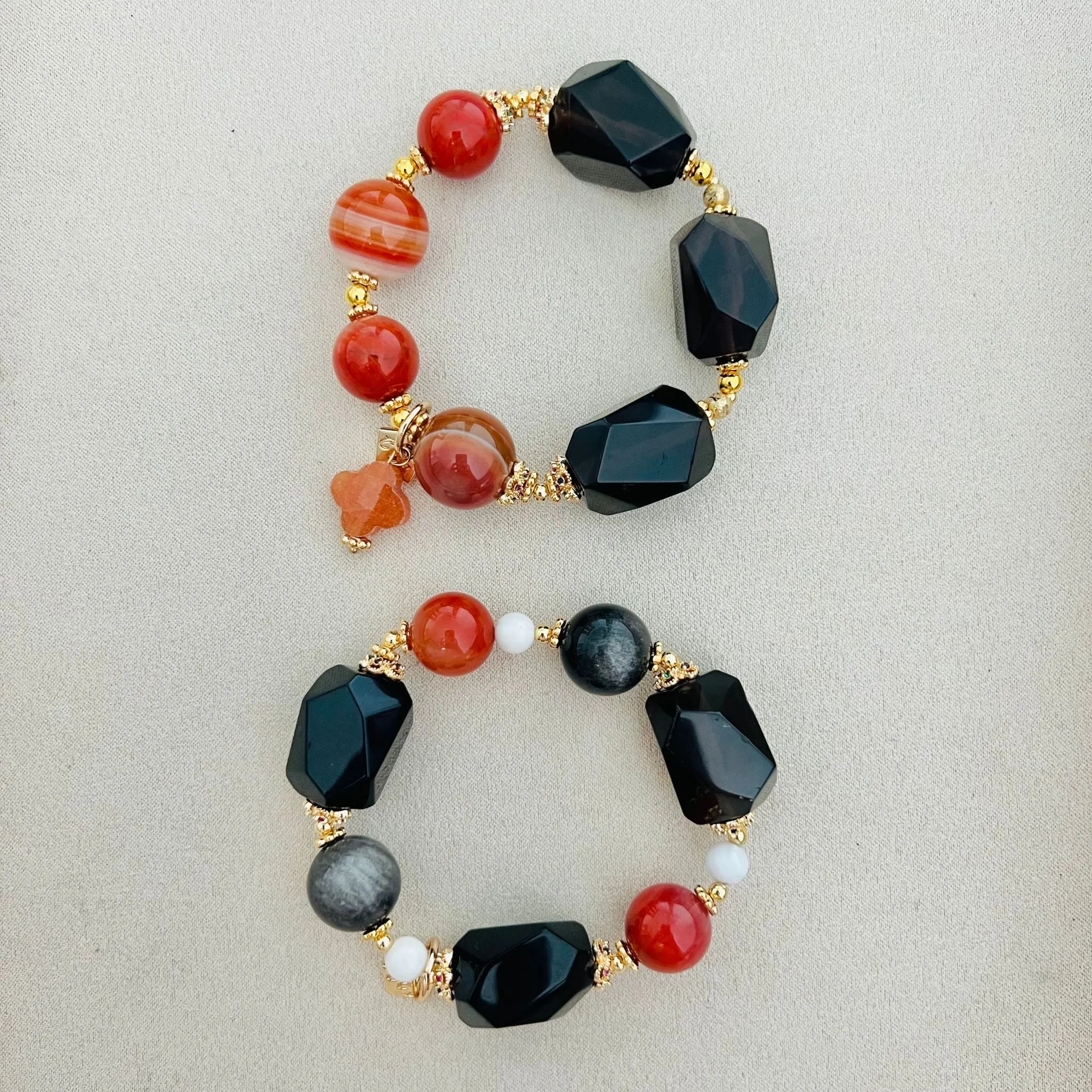 Raw Smoky Quartz & Reds Trinity Bracelet