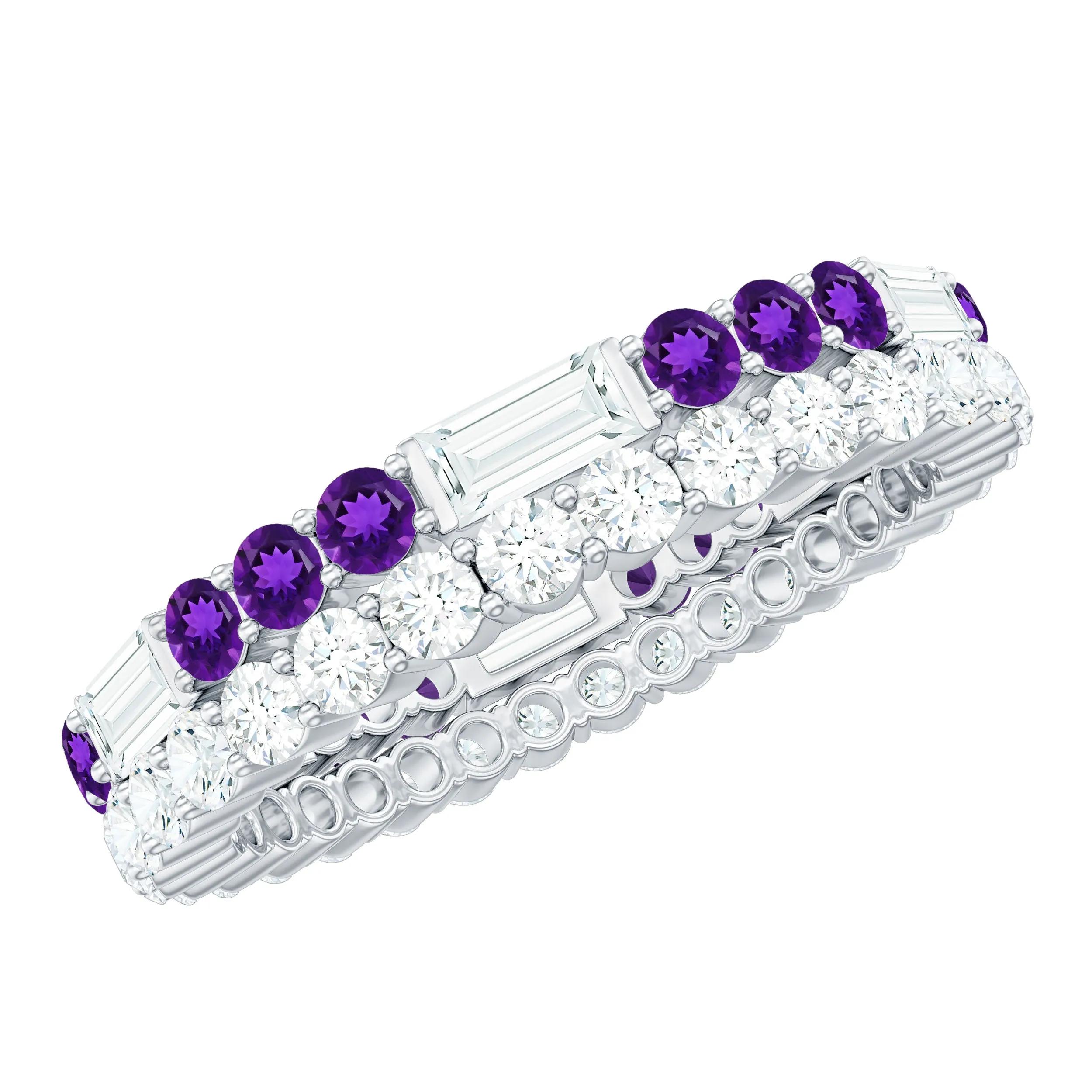 Real Amethyst and Moissanite Two Row Eternity Ring