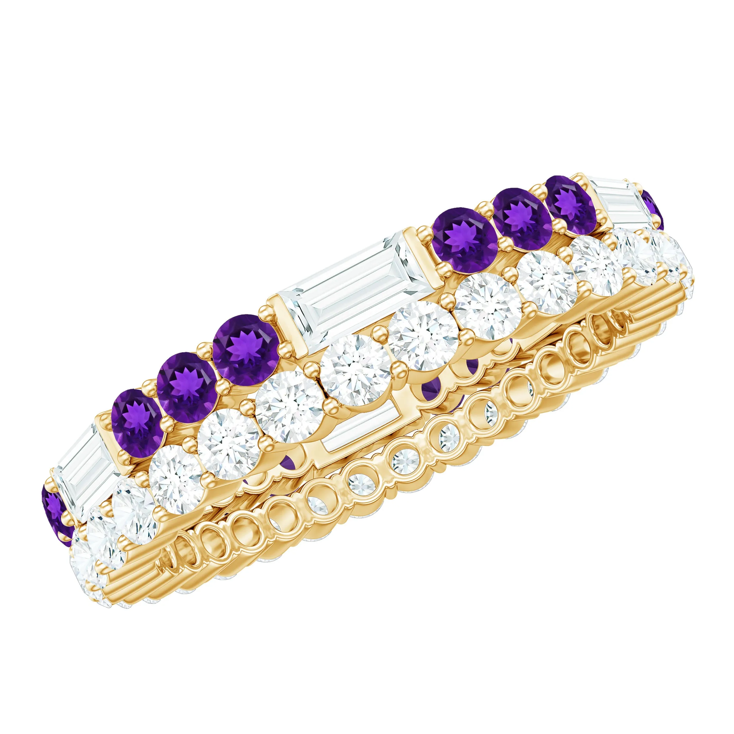 Real Amethyst and Moissanite Two Row Eternity Ring