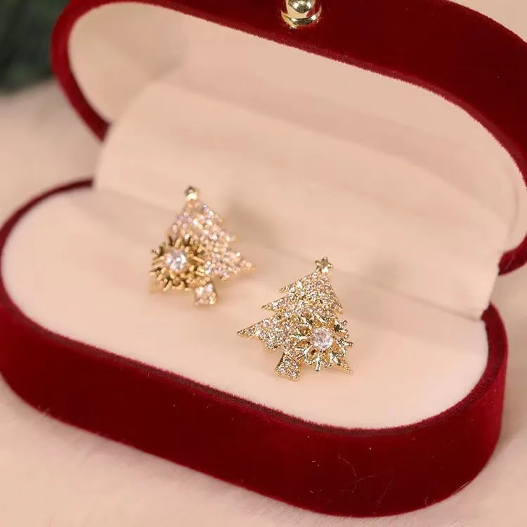 Rotatable Christmas Tree Earrings Shiny Rhinestone Snowflake Stud Earring New Year Xmas Festival Ear Jewelry Gifts Autumn And Winter