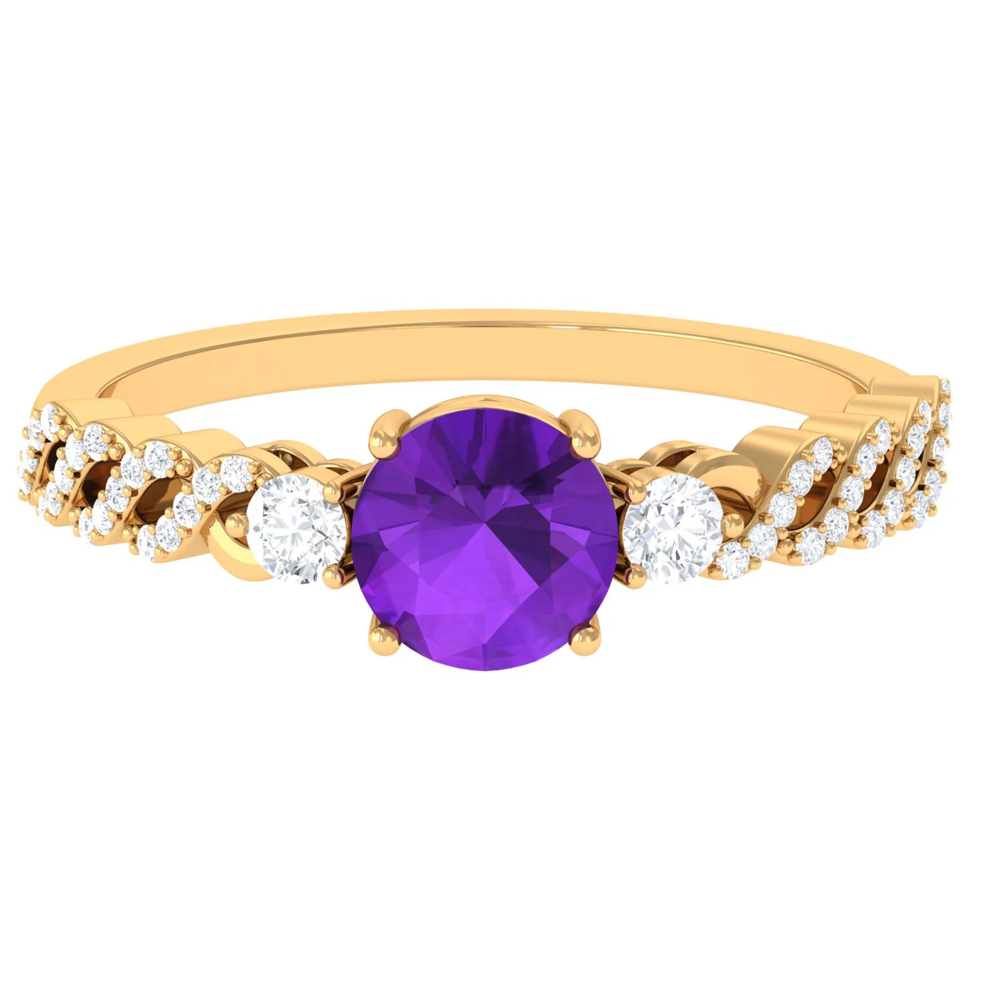 Round Amethyst Solitaire Ring with Diamond Side Stones