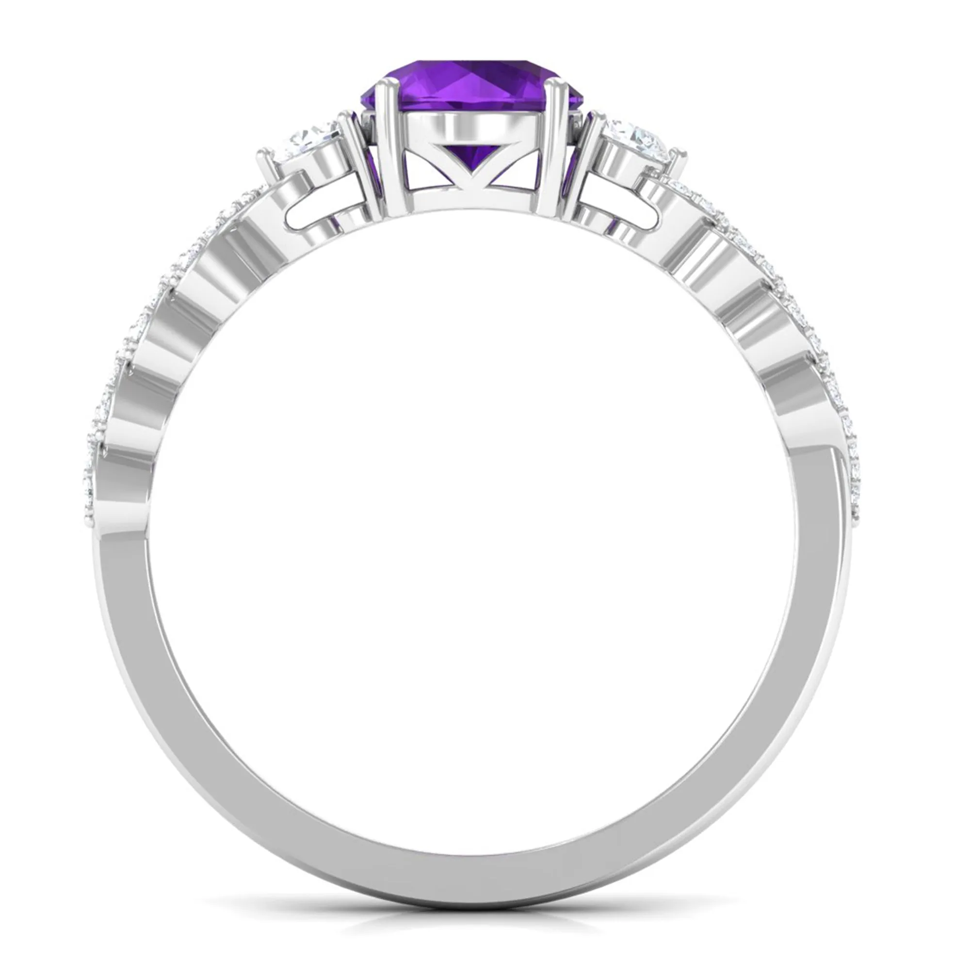 Round Amethyst Solitaire Ring with Diamond Side Stones