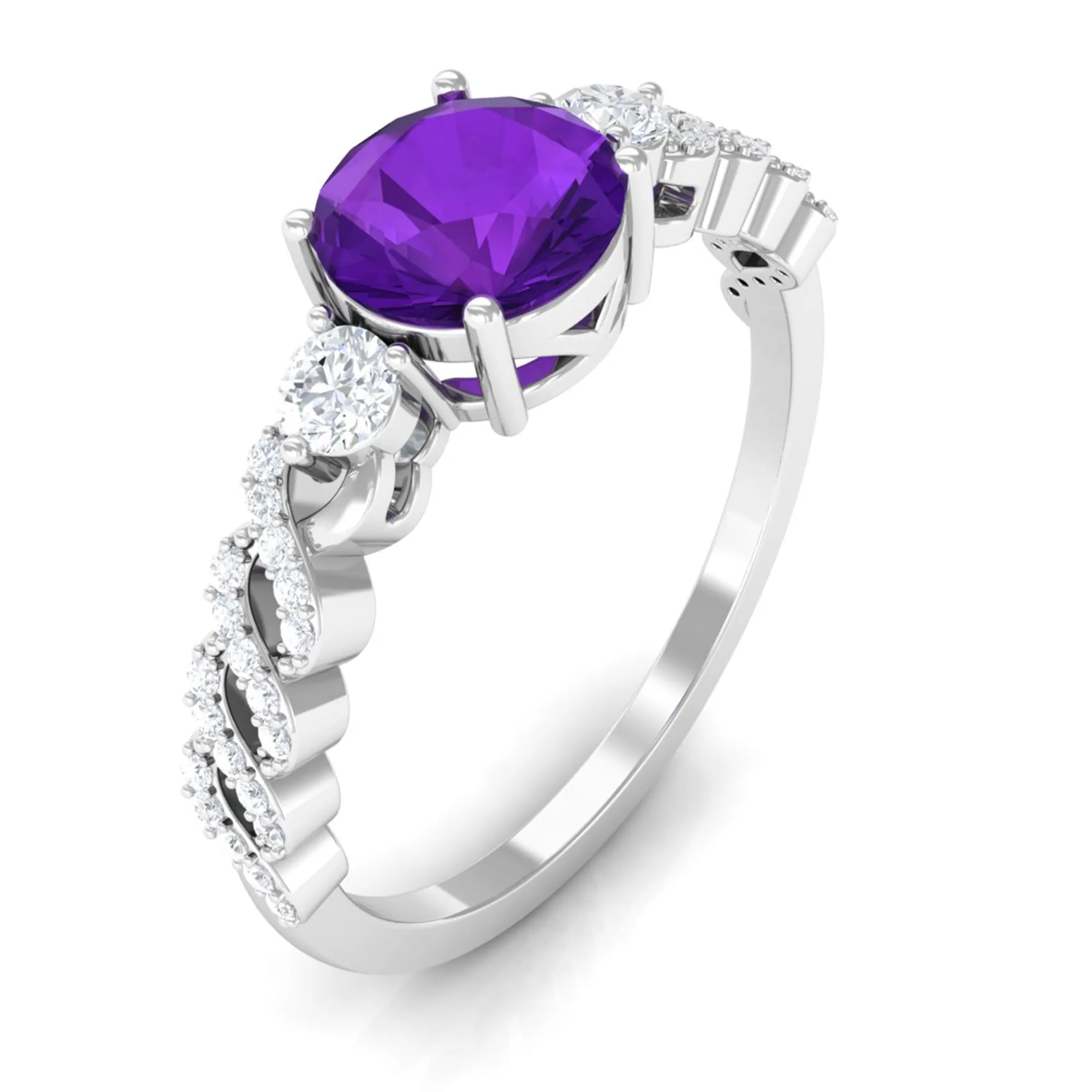 Round Amethyst Solitaire Ring with Diamond Side Stones