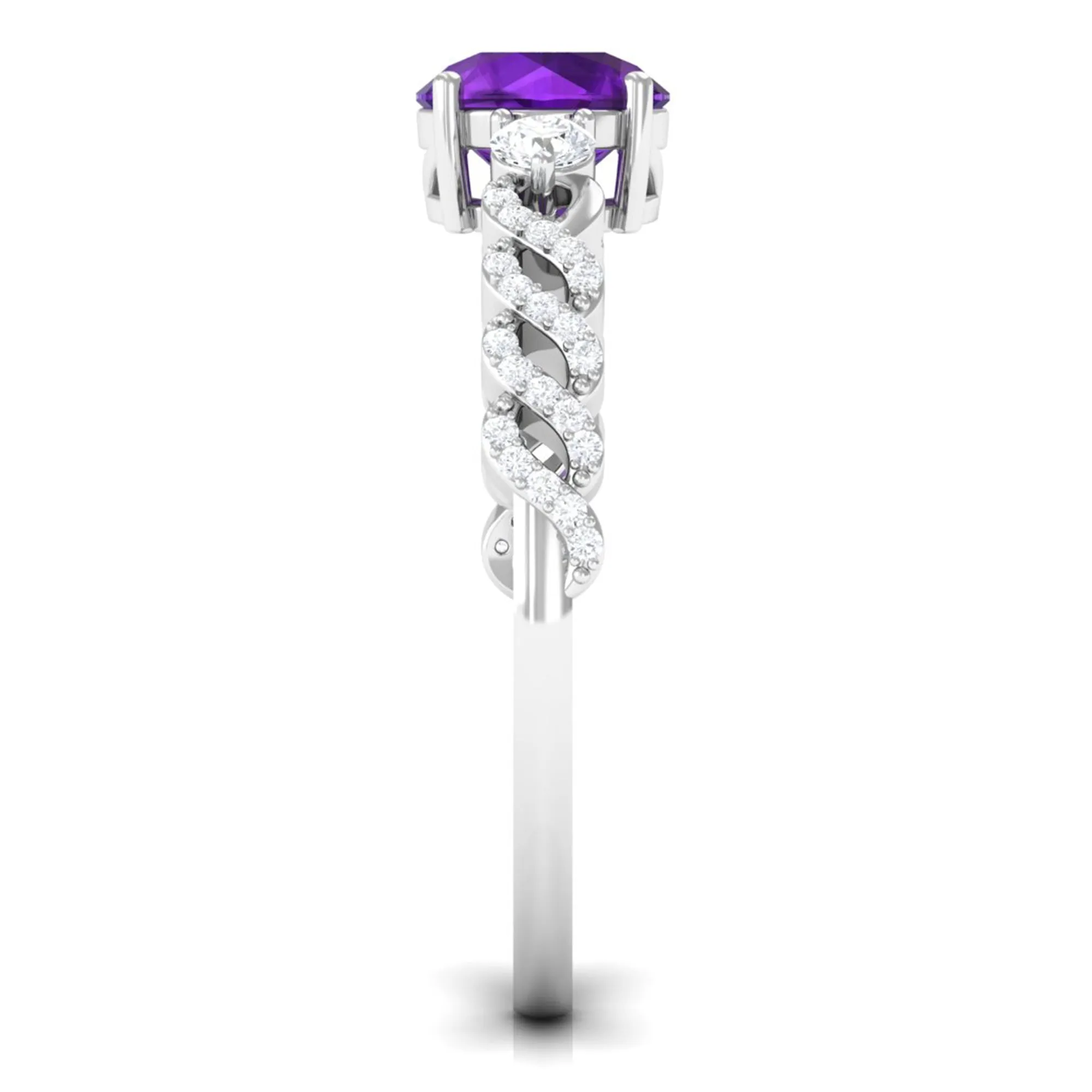 Round Amethyst Solitaire Ring with Diamond Side Stones