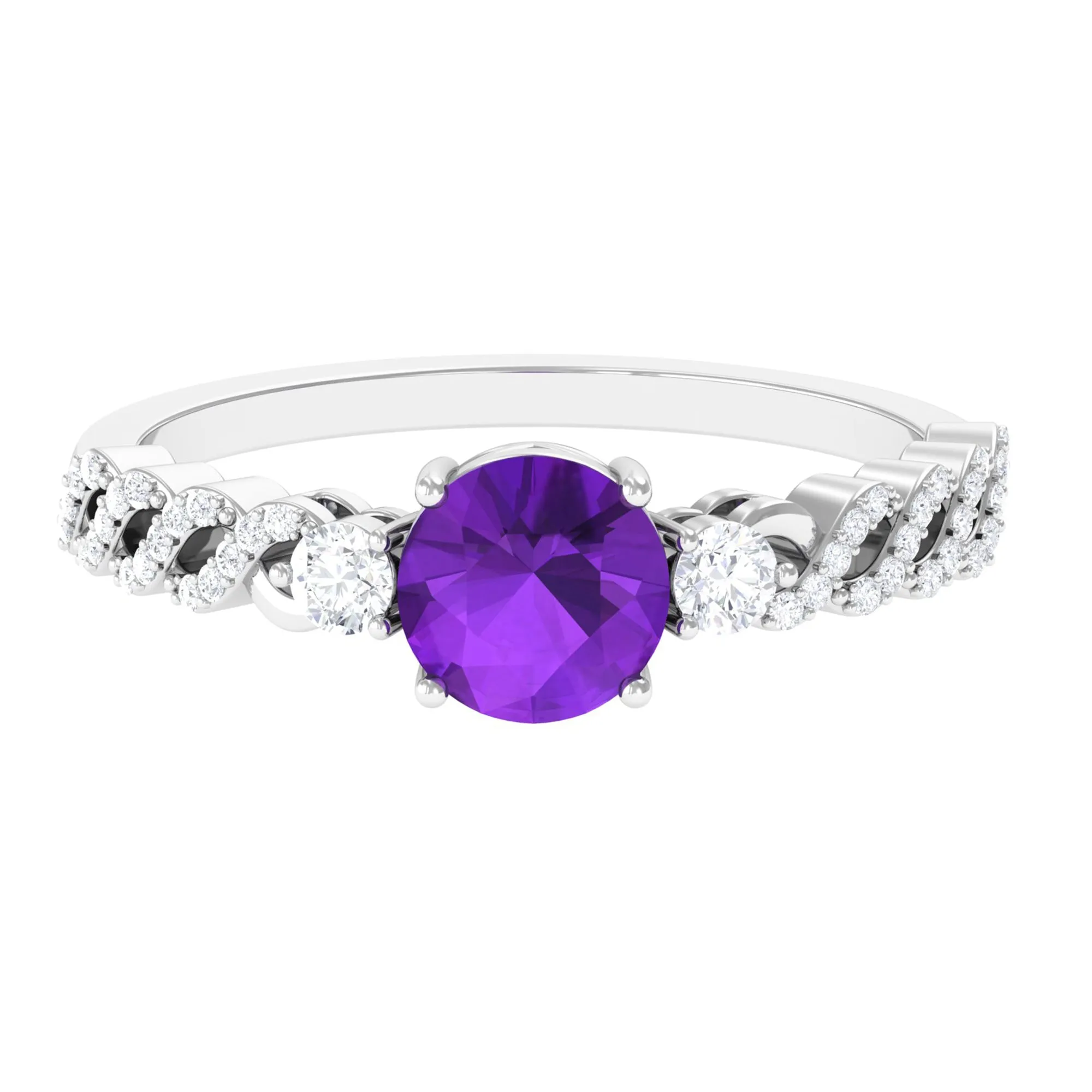 Round Amethyst Solitaire Ring with Diamond Side Stones