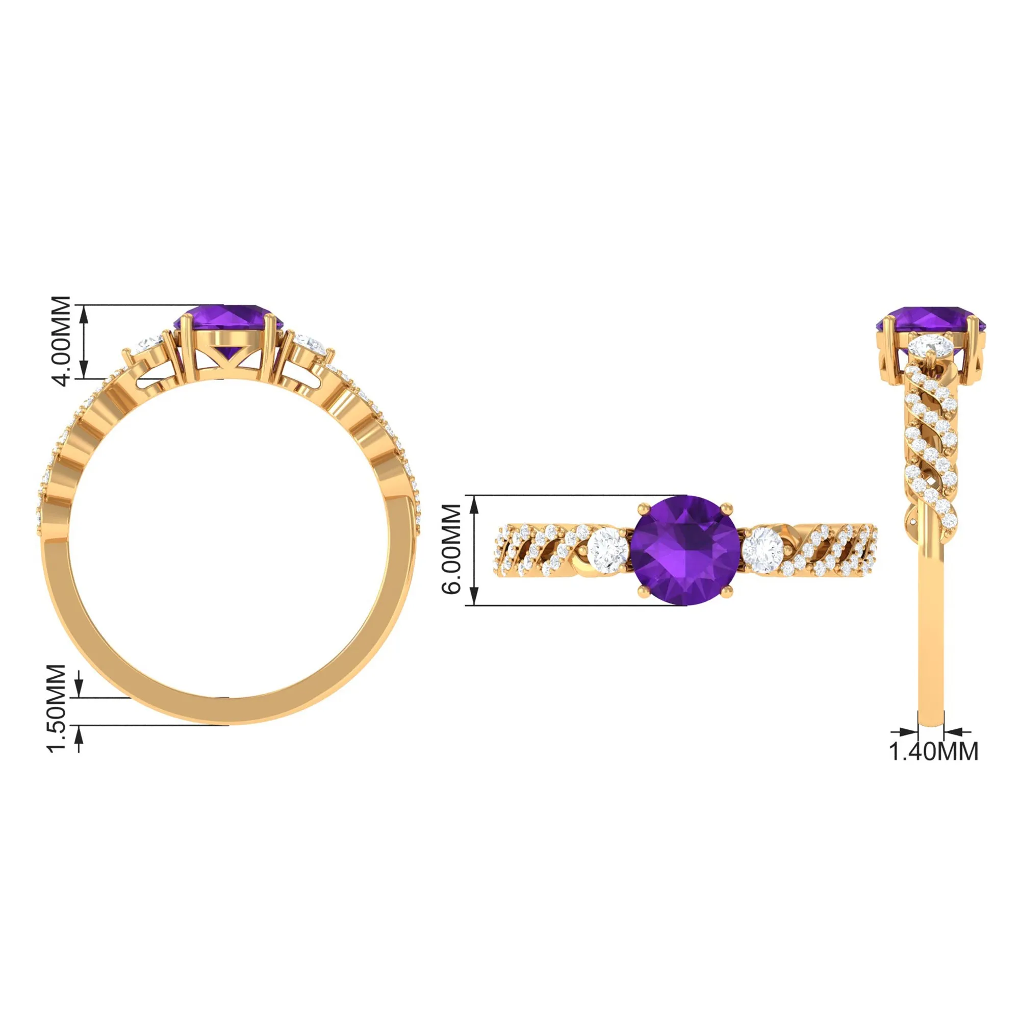 Round Amethyst Solitaire Ring with Diamond Side Stones