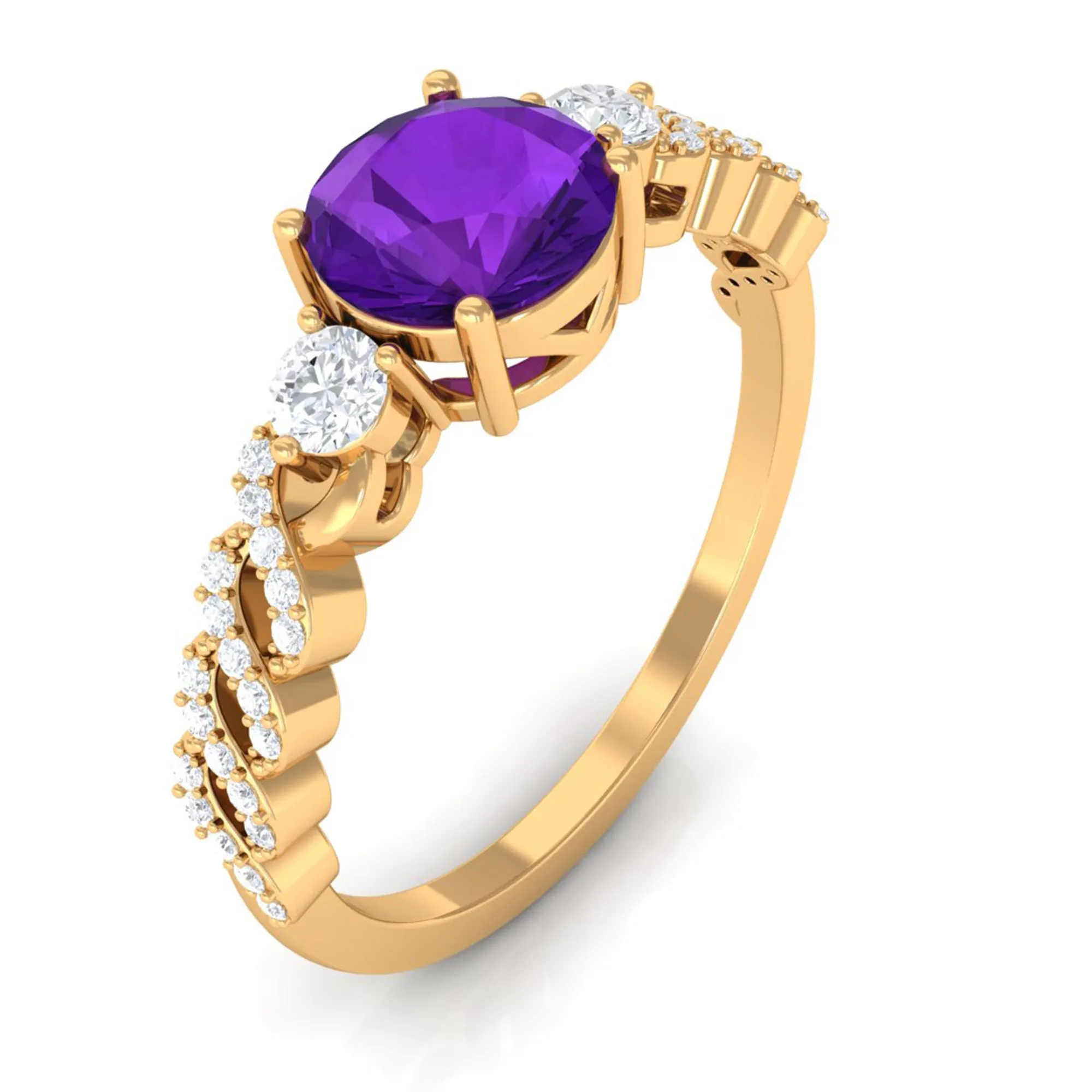 Round Amethyst Solitaire Ring with Diamond Side Stones