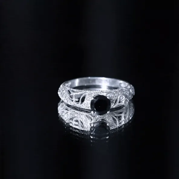 Round Black Onyx Vintage Inspired Engagement Ring with Diamond