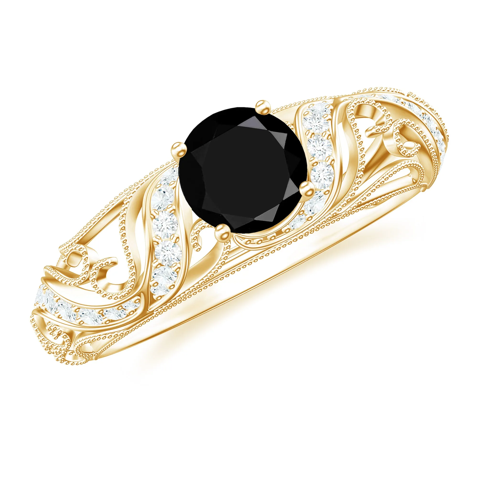 Round Black Onyx Vintage Inspired Engagement Ring with Diamond