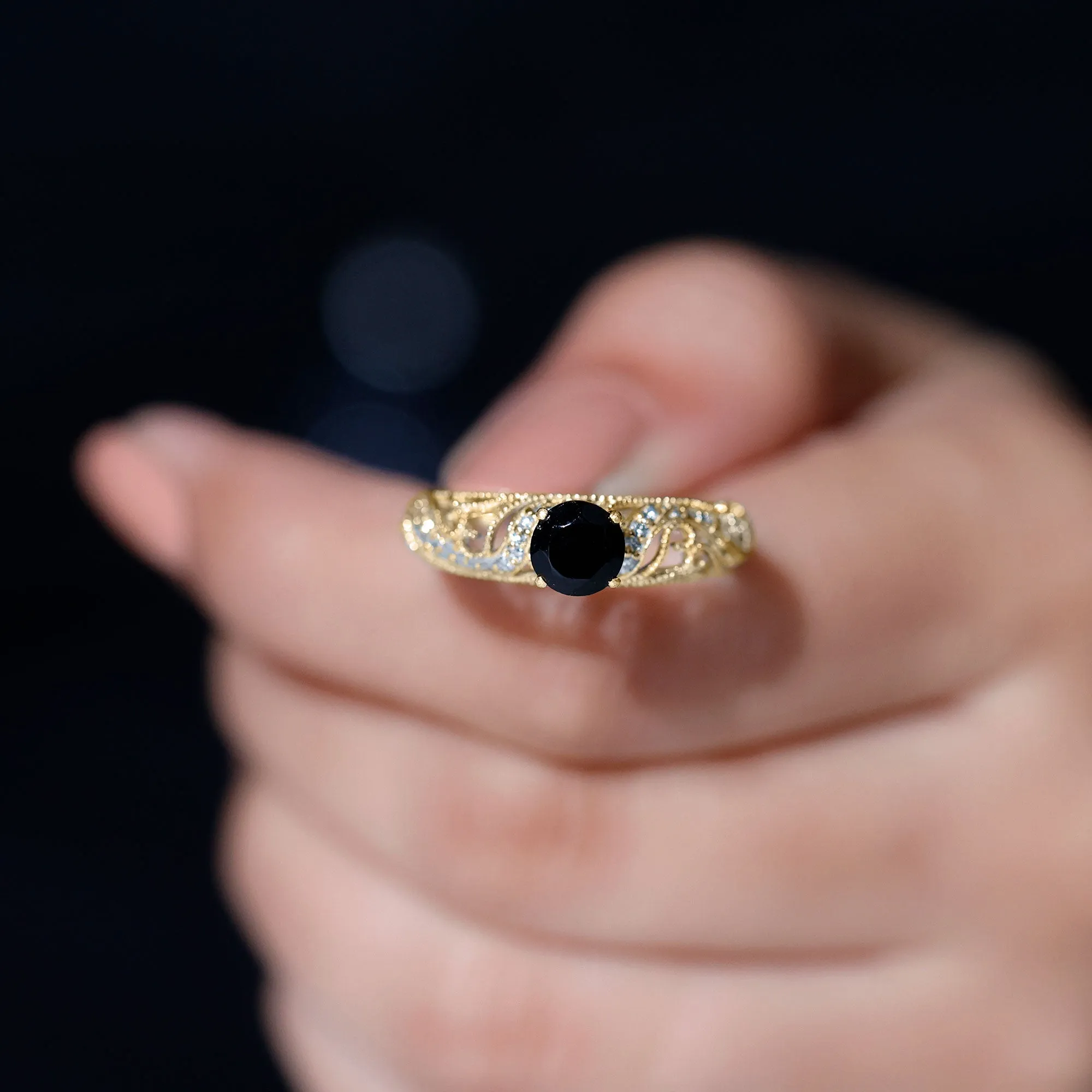 Round Black Onyx Vintage Inspired Engagement Ring with Diamond