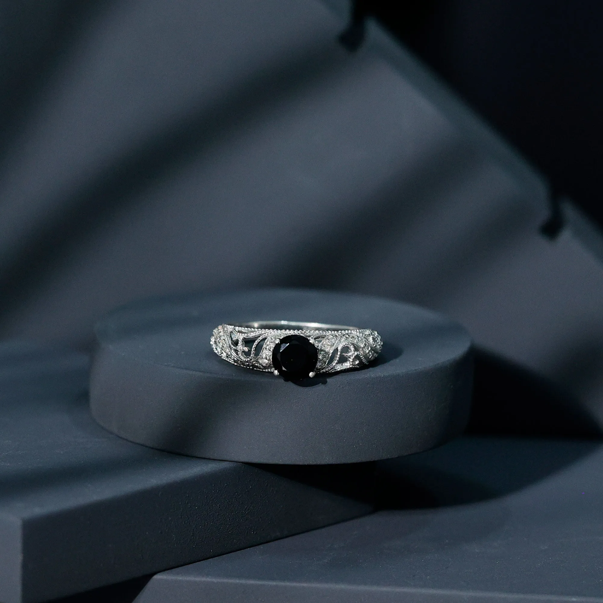 Round Black Onyx Vintage Inspired Engagement Ring with Diamond