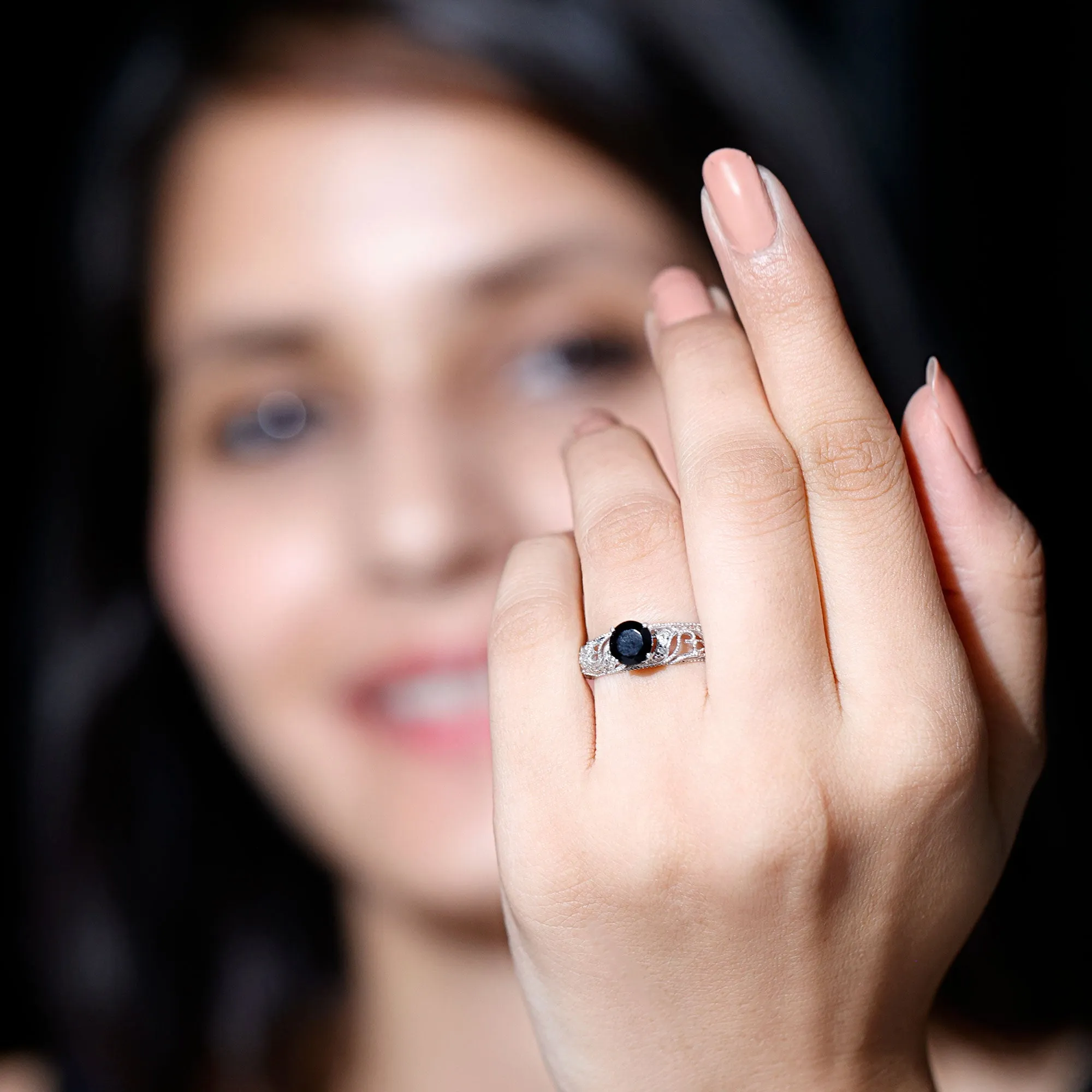 Round Black Onyx Vintage Inspired Engagement Ring with Diamond