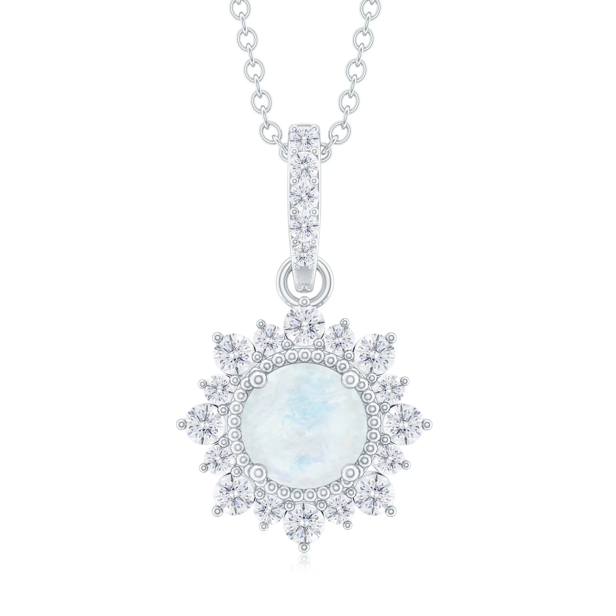 Round Moonstone and Beaded Halo Pendant with Diamond Bail