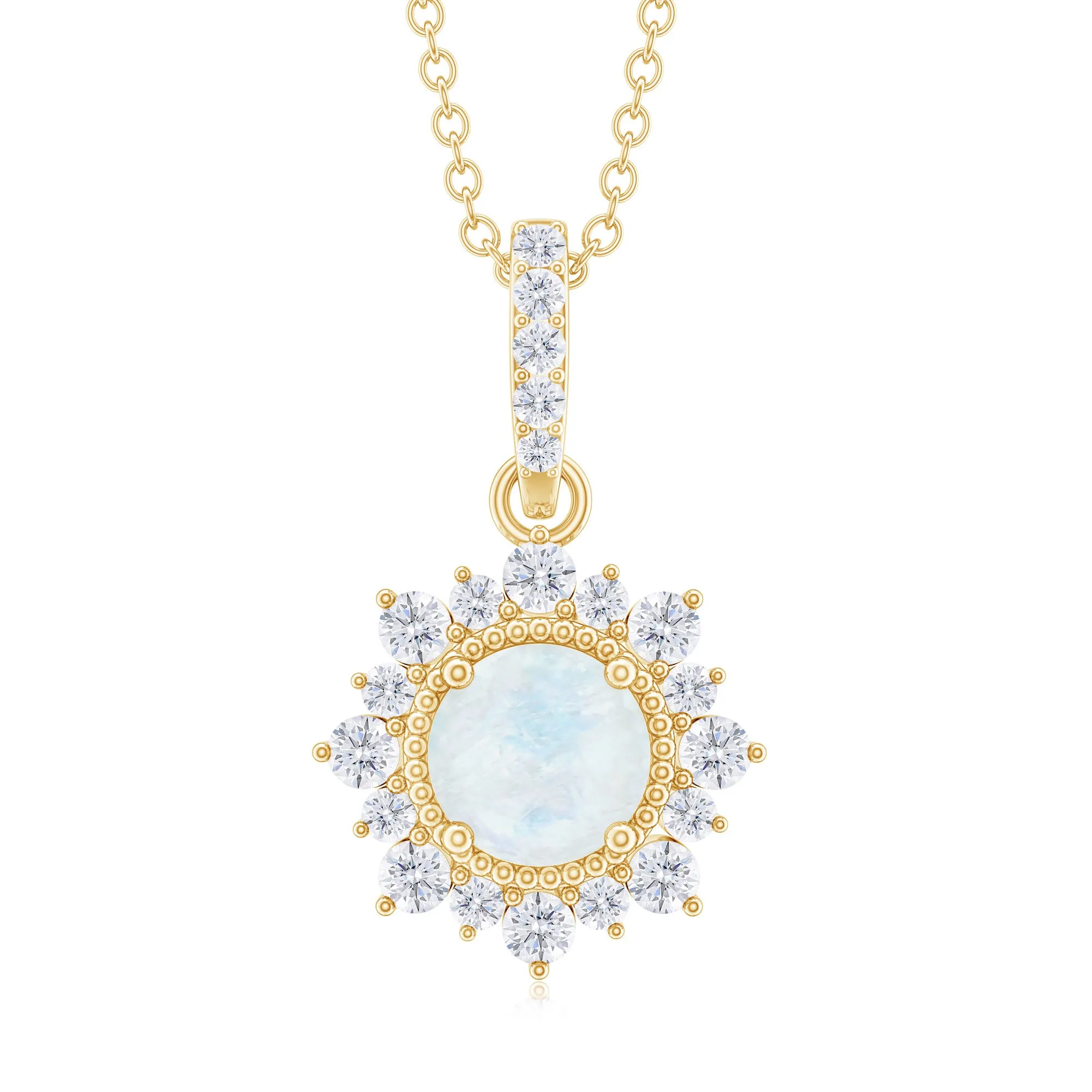 Round Moonstone and Beaded Halo Pendant with Diamond Bail