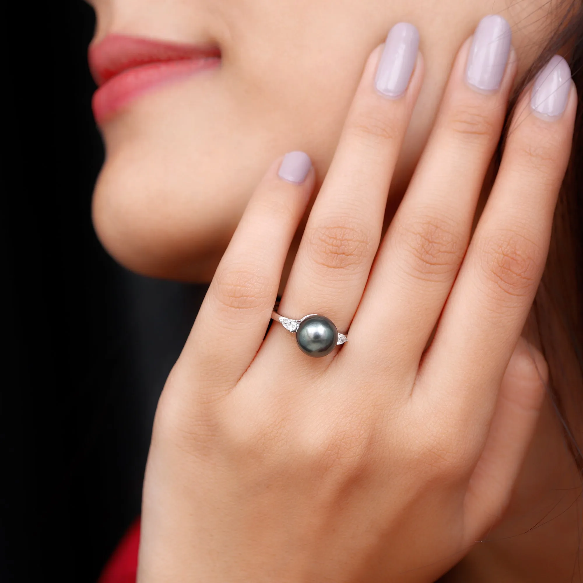 Round Tahitian Pearl Solitaire Ring with Pear Shape Moissanite