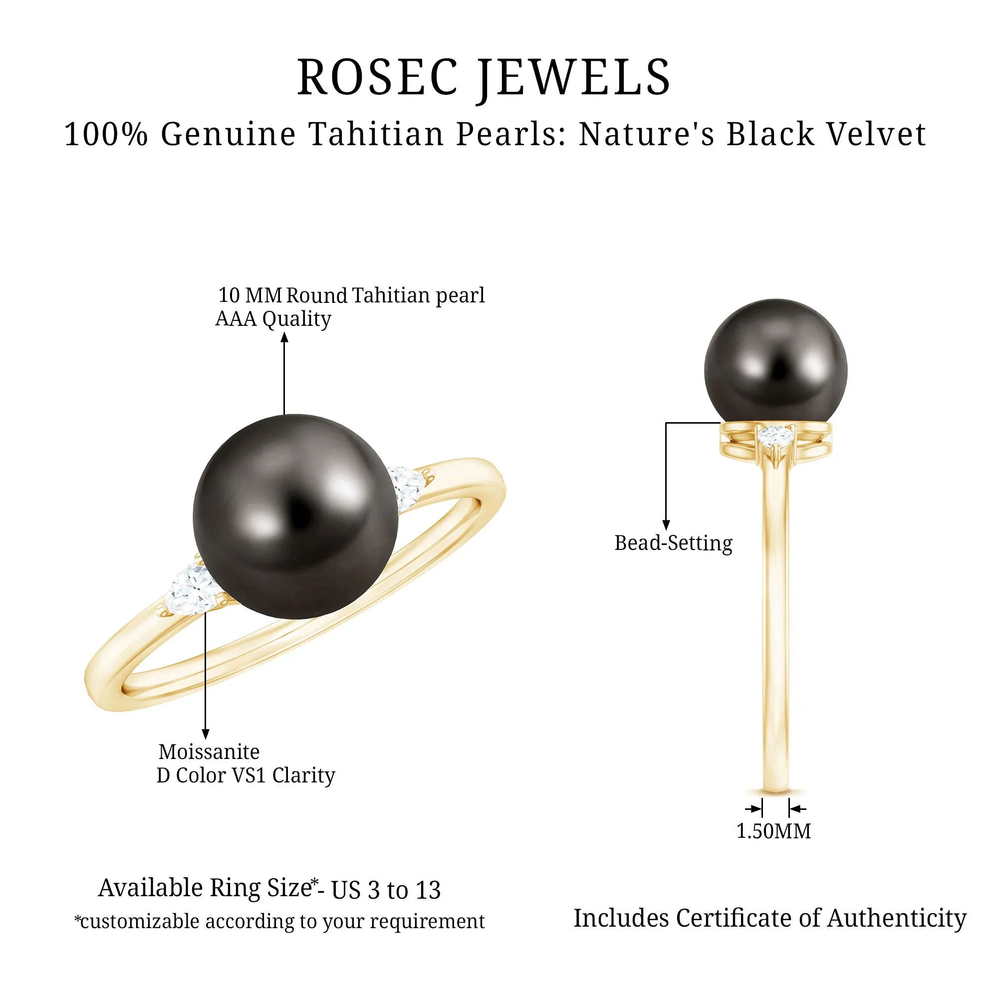 Round Tahitian Pearl Solitaire Ring with Pear Shape Moissanite