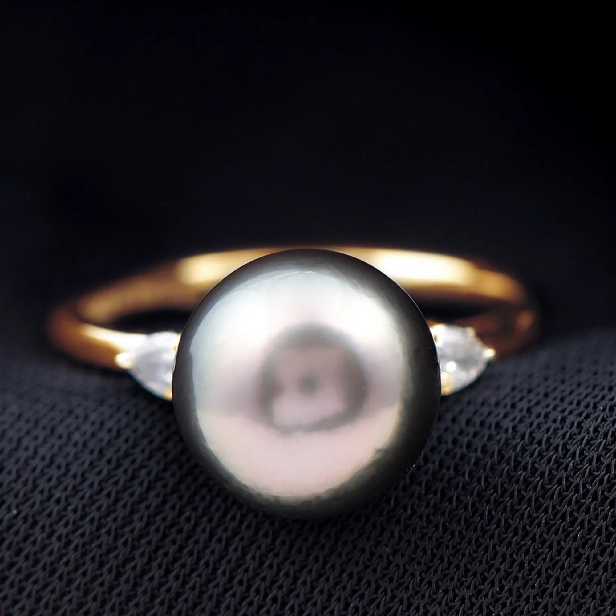 Round Tahitian Pearl Solitaire Ring with Pear Shape Moissanite