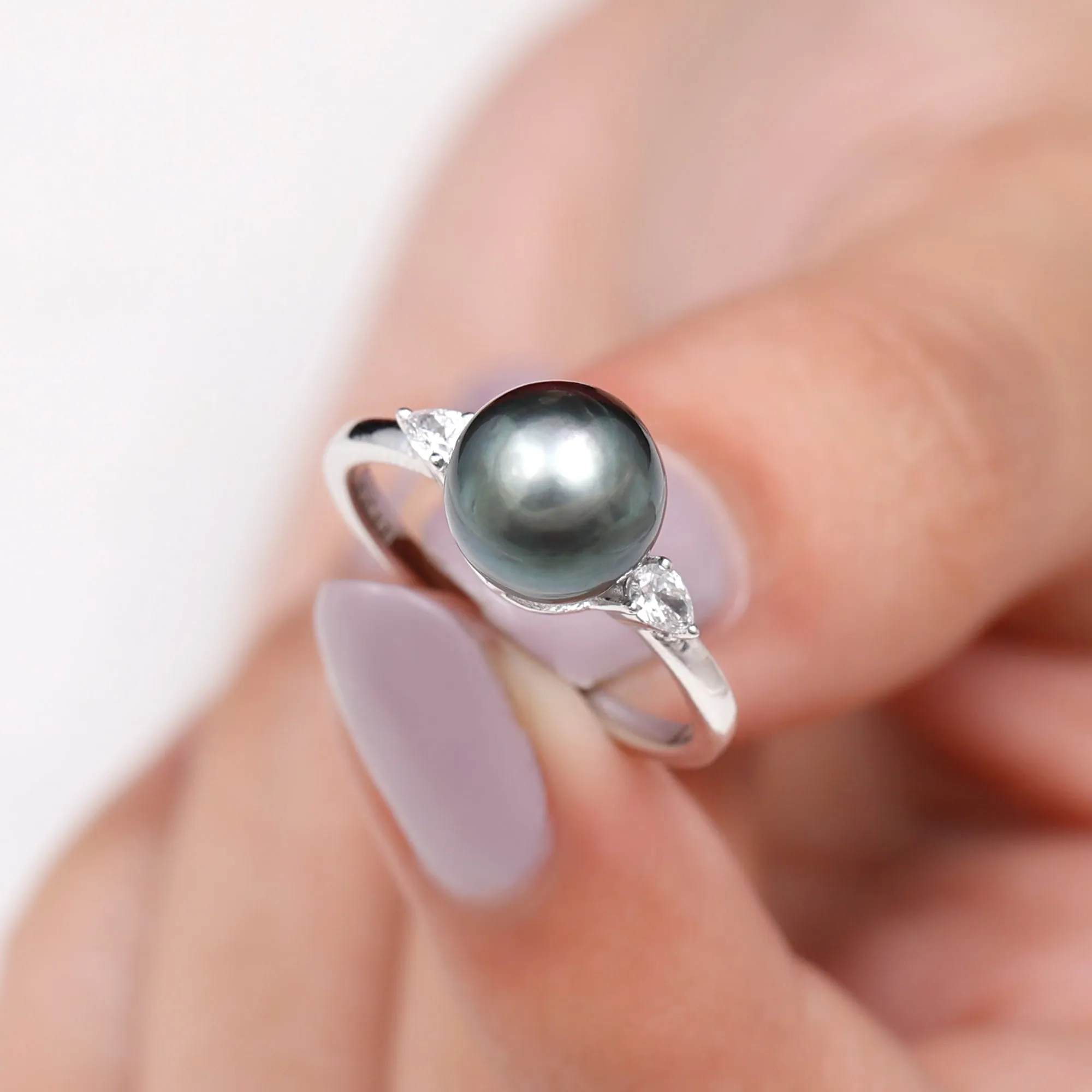 Round Tahitian Pearl Solitaire Ring with Pear Shape Moissanite