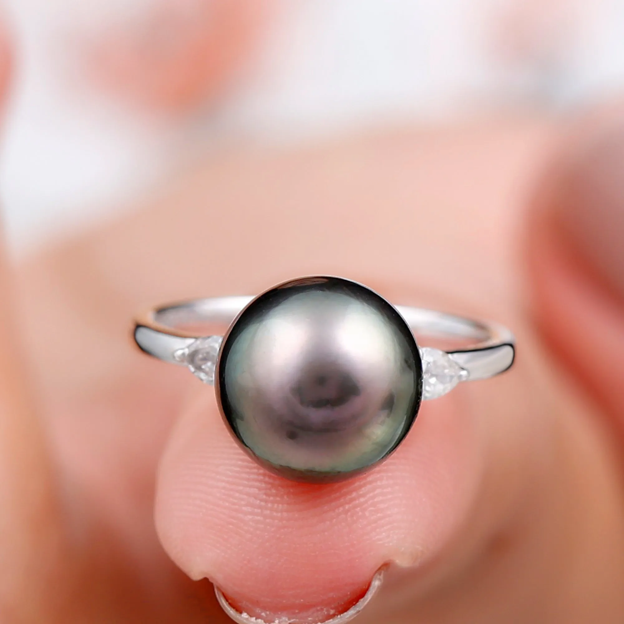 Round Tahitian Pearl Solitaire Ring with Pear Shape Moissanite