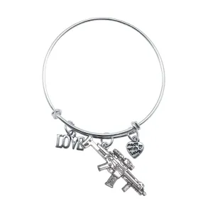 Silver Assault Rifle Charm Wire Bangle Bracelet