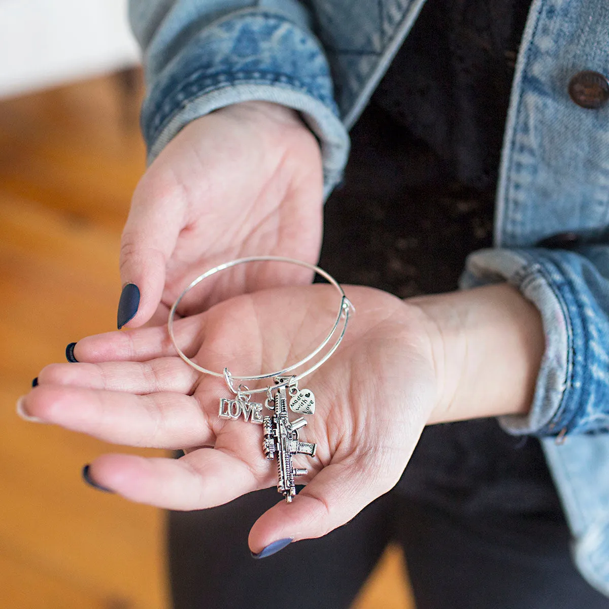 Silver Assault Rifle Charm Wire Bangle Bracelet