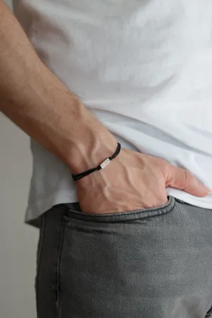 Silver bead bracelet for men, black cord, geometric jewelry