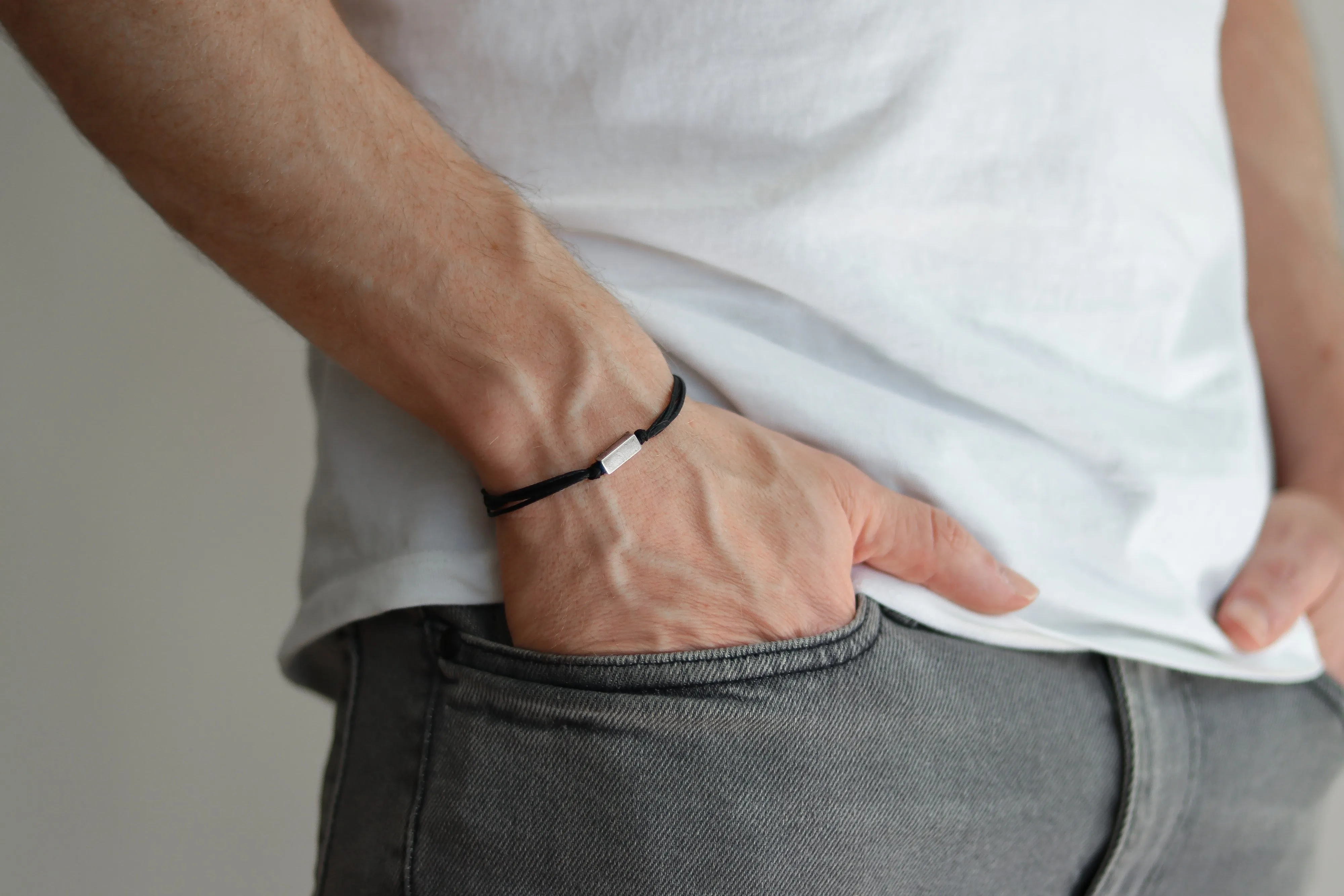 Silver bead bracelet for men, black cord, geometric jewelry