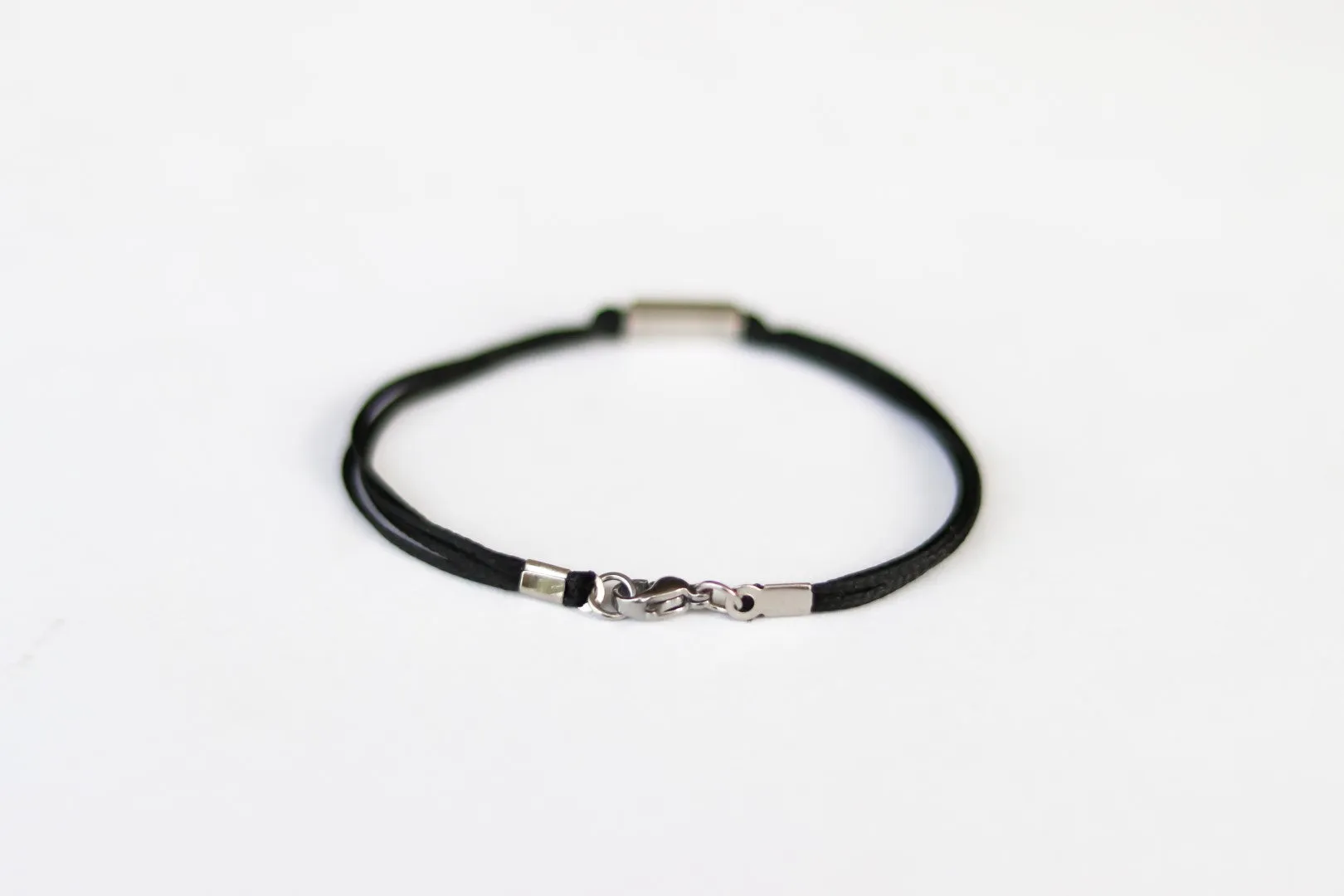 Silver bead bracelet for men, black cord, geometric jewelry