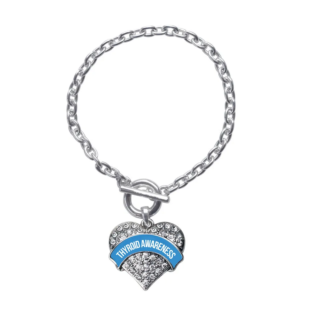 Silver Blue Thryoid Awareness Pave Heart Charm Toggle Bracelet