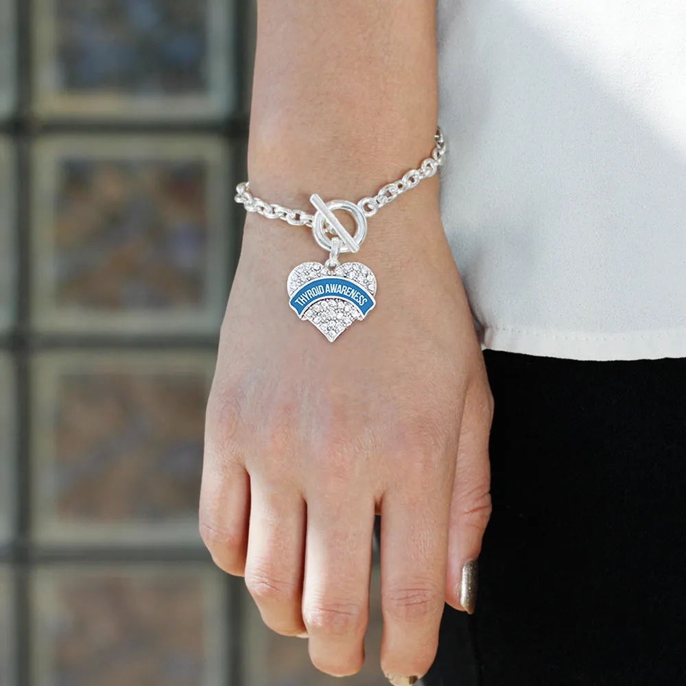 Silver Blue Thryoid Awareness Pave Heart Charm Toggle Bracelet