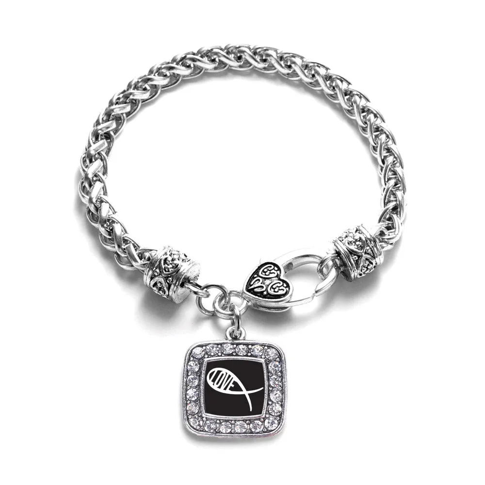 Silver Christian Fish Love Square Charm Braided Bracelet