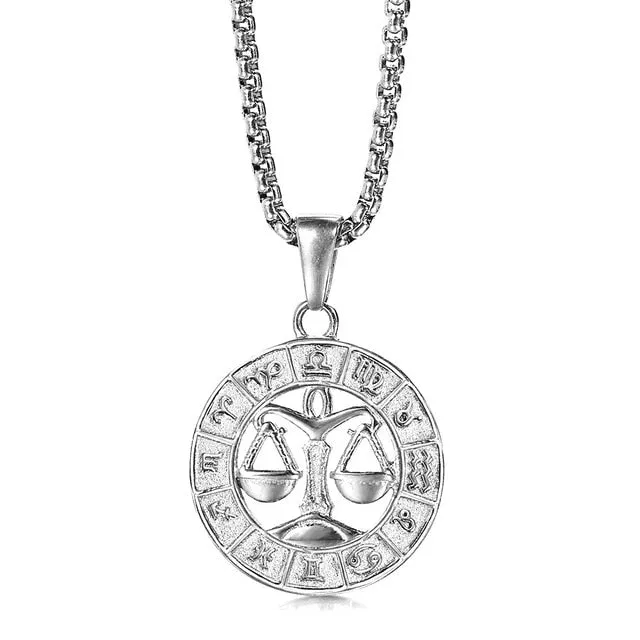 Silver Color 12 Horoscope Zodiac Sign Pendant Necklace For Women Men