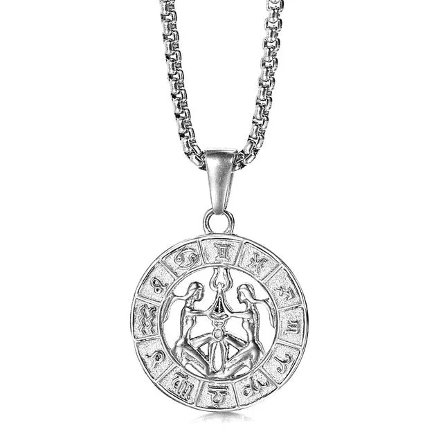 Silver Color 12 Horoscope Zodiac Sign Pendant Necklace For Women Men