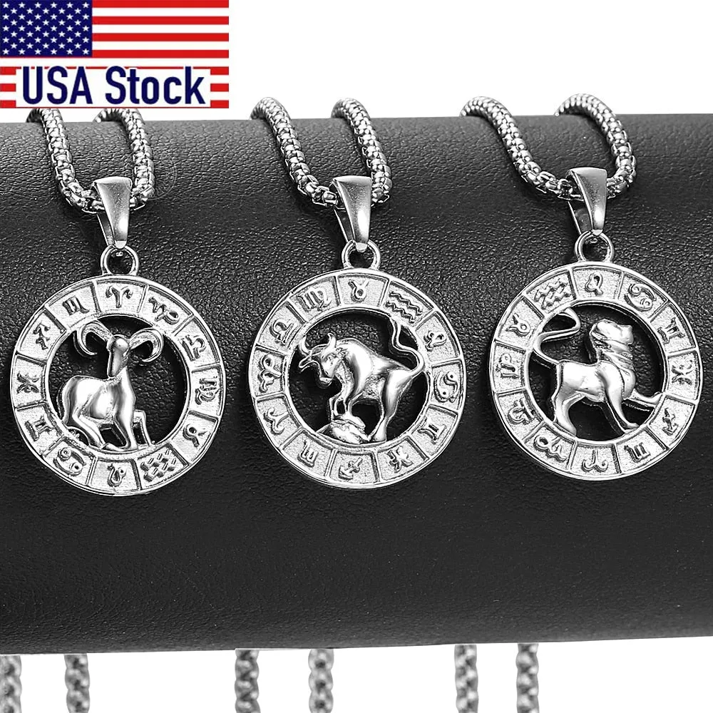 Silver Color 12 Horoscope Zodiac Sign Pendant Necklace For Women Men