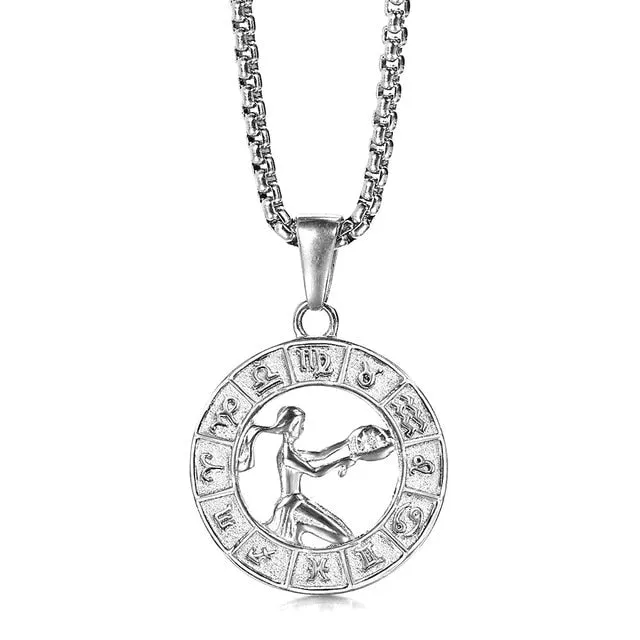 Silver Color 12 Horoscope Zodiac Sign Pendant Necklace For Women Men