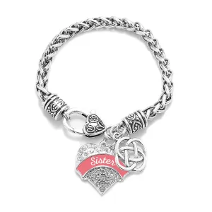 Silver Coral Sister Celtic Knot Pave Heart Charm Braided Bracelet