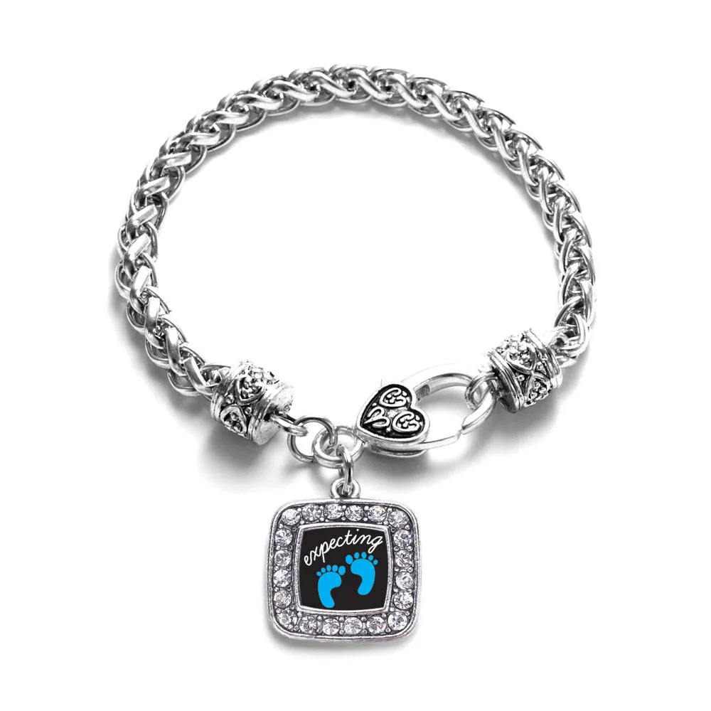 Silver Expecting A Boy Footprints Square Charm Braided Bracelet