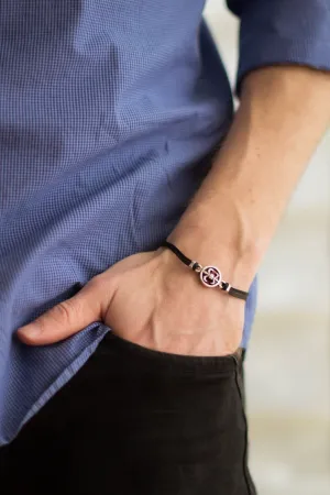 Silver Fleur de lis bracelet for men, black cord, lily flower charm