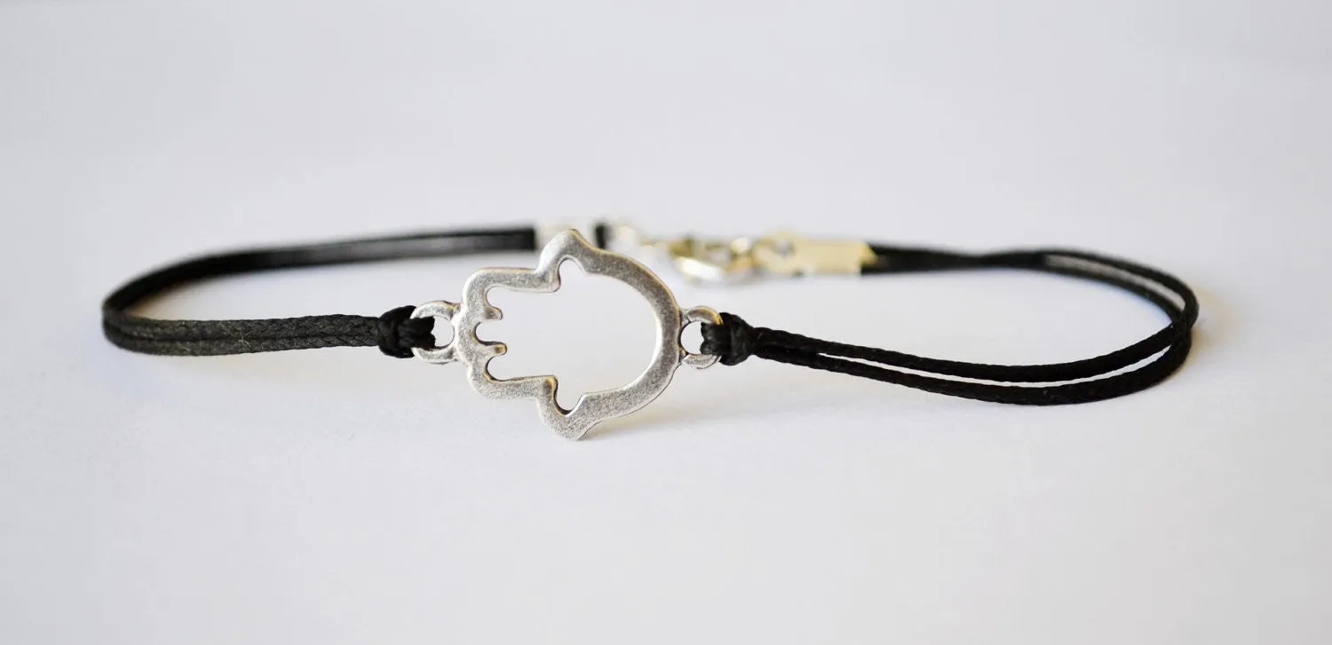 Silver Hamsa bracelet for men, black cord, Kabbalah jewelry, gift for him