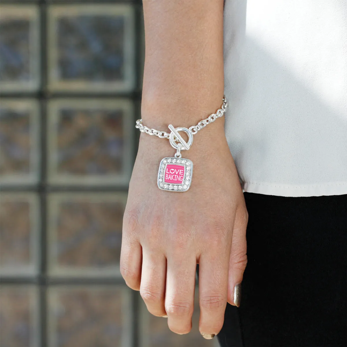 Silver I Love Baking Square Charm Toggle Bracelet