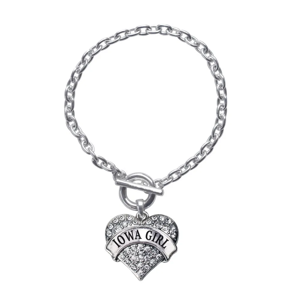 Silver Iowa Girl Pave Heart Charm Toggle Bracelet