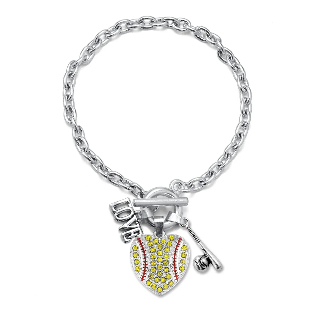 Silver Love Softball Heart Bat Charm Toggle Bracelet