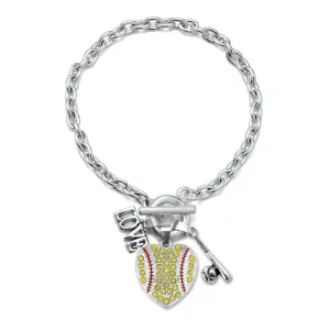 Silver Love Softball Heart Bat Charm Toggle Bracelet