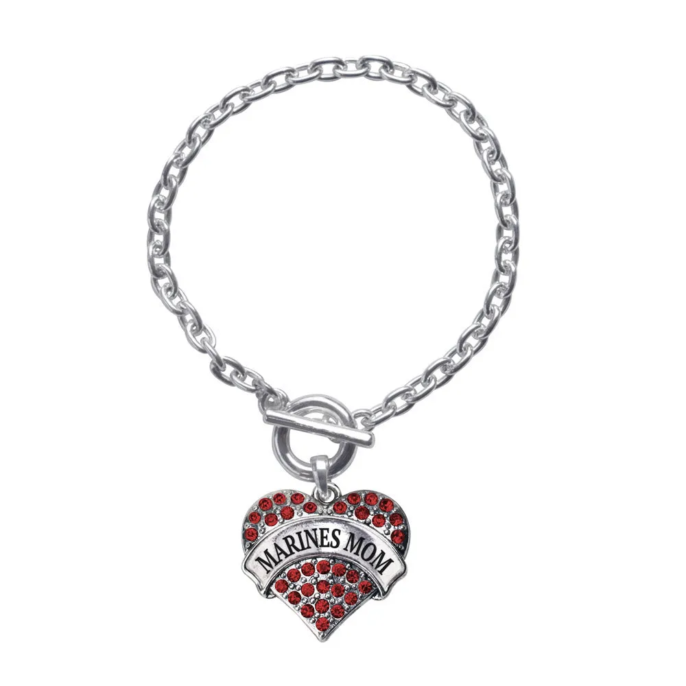 Silver Marines Mom Red Pave Heart Charm Toggle Bracelet