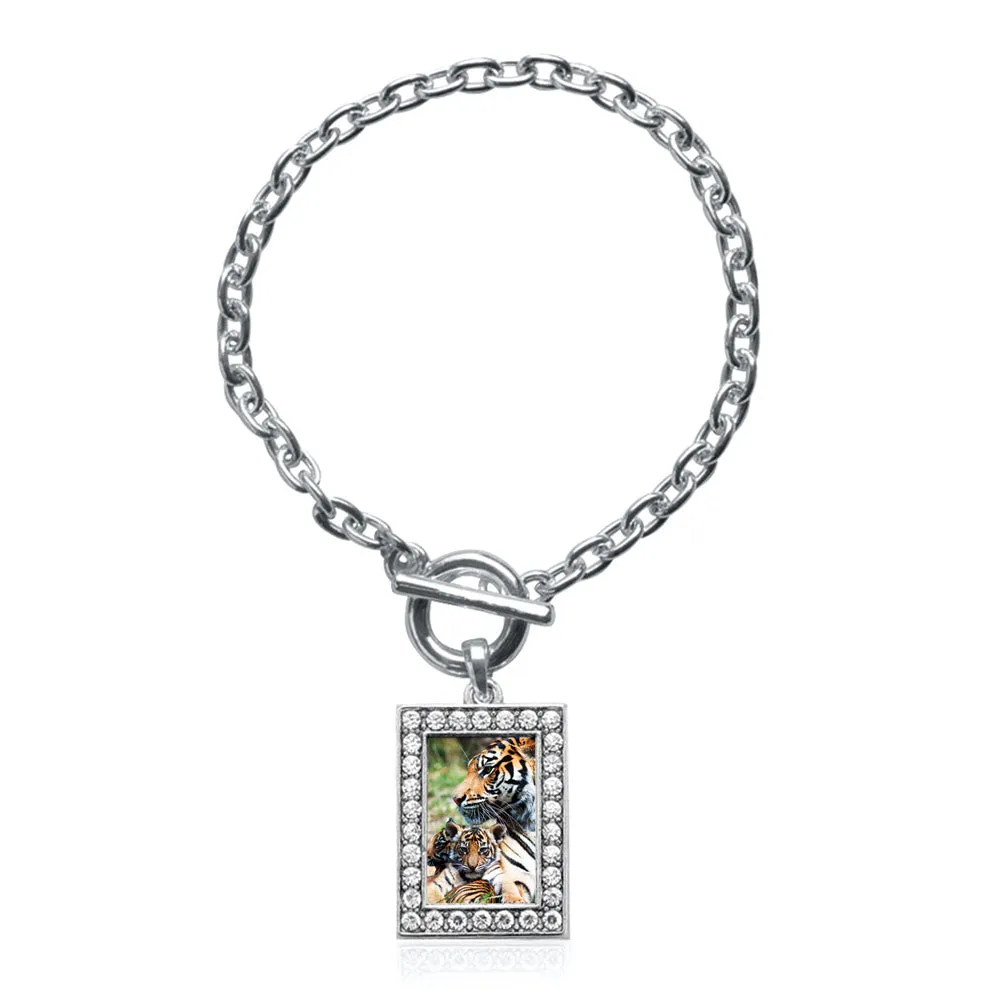 Silver Momma Tiger and Cub Rectangle Charm Toggle Bracelet