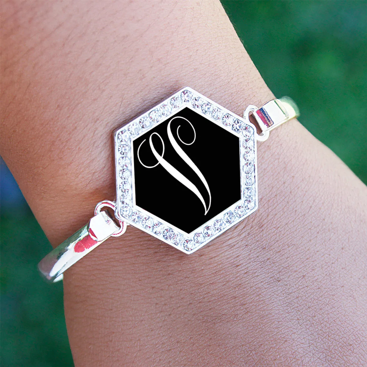 Silver Monogram - V Hexagon Charm Bangle Bracelet