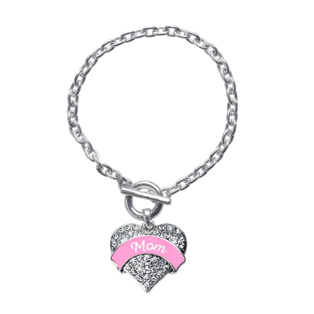 Silver Pink Mom Pave Heart Charm Toggle Bracelet