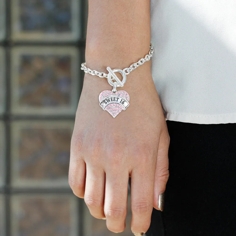 Silver Pink Sweet 16 Pink Pave Heart Charm Toggle Bracelet