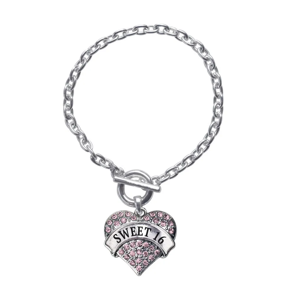 Silver Pink Sweet 16 Pink Pave Heart Charm Toggle Bracelet